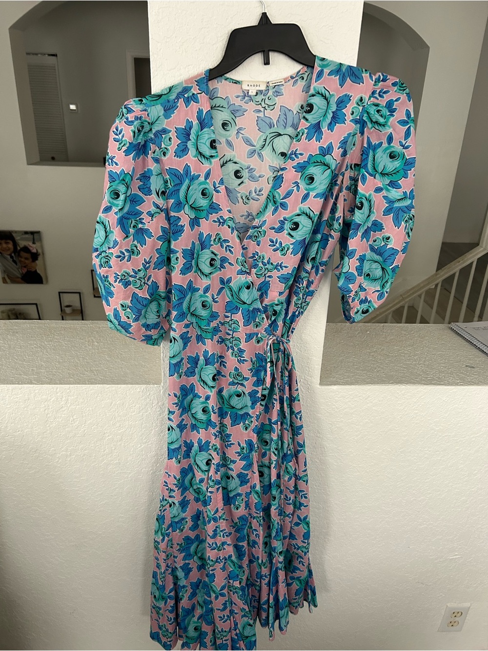 RHODE Pink and Teal Floral Wrap Midi Dress